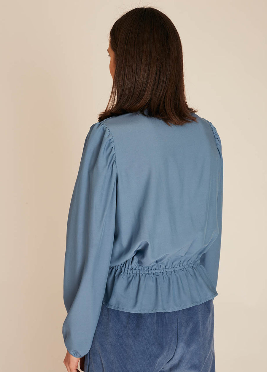 FRILL SILKY SHIRT BLUE