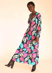 FLORAL V-NECK RUFFLED LONG DRESS