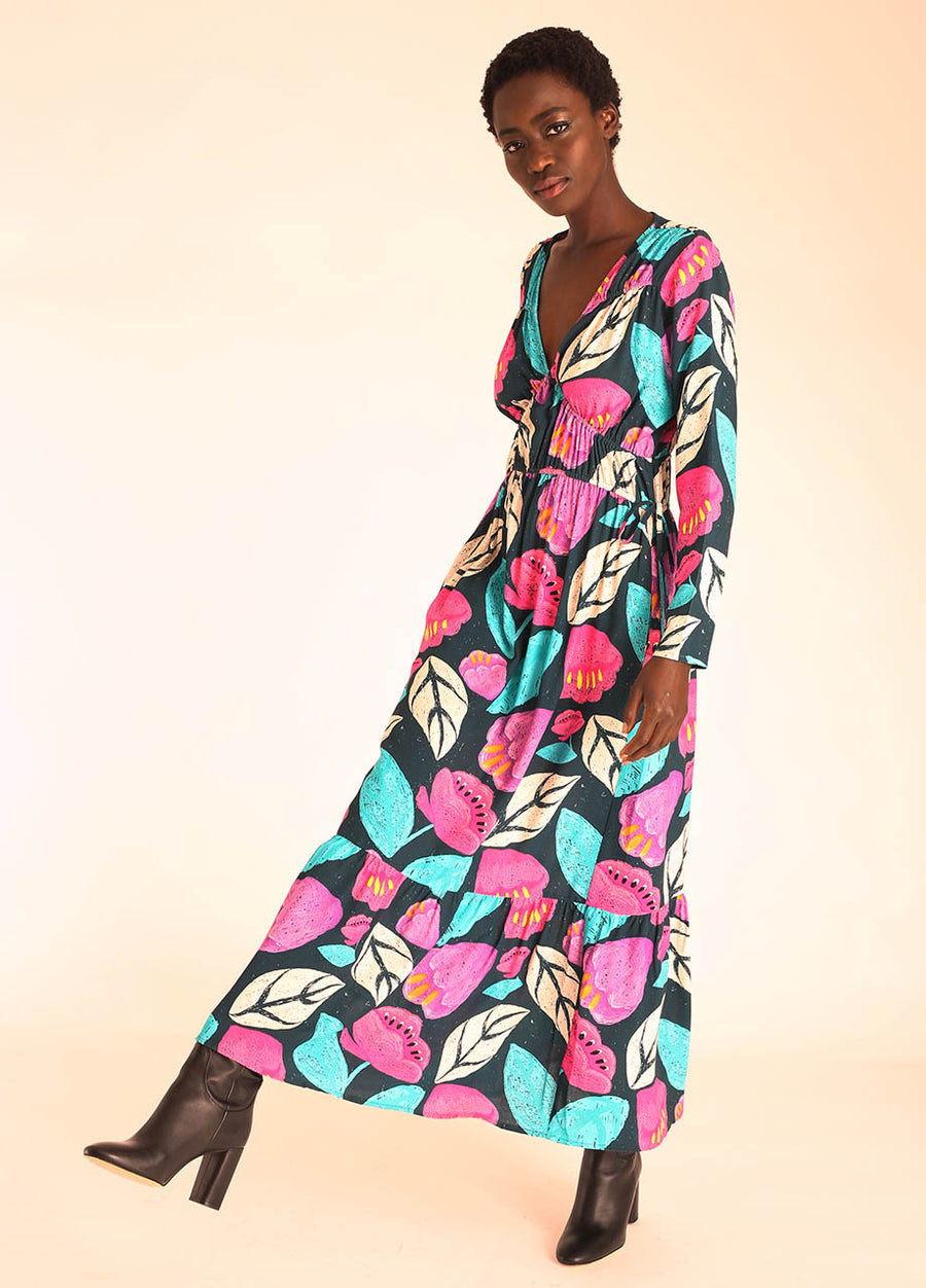 FLORAL V-NECK RUFFLED LONG DRESS