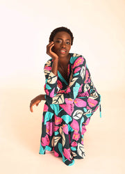 FLORAL V-NECK RUFFLED LONG DRESS