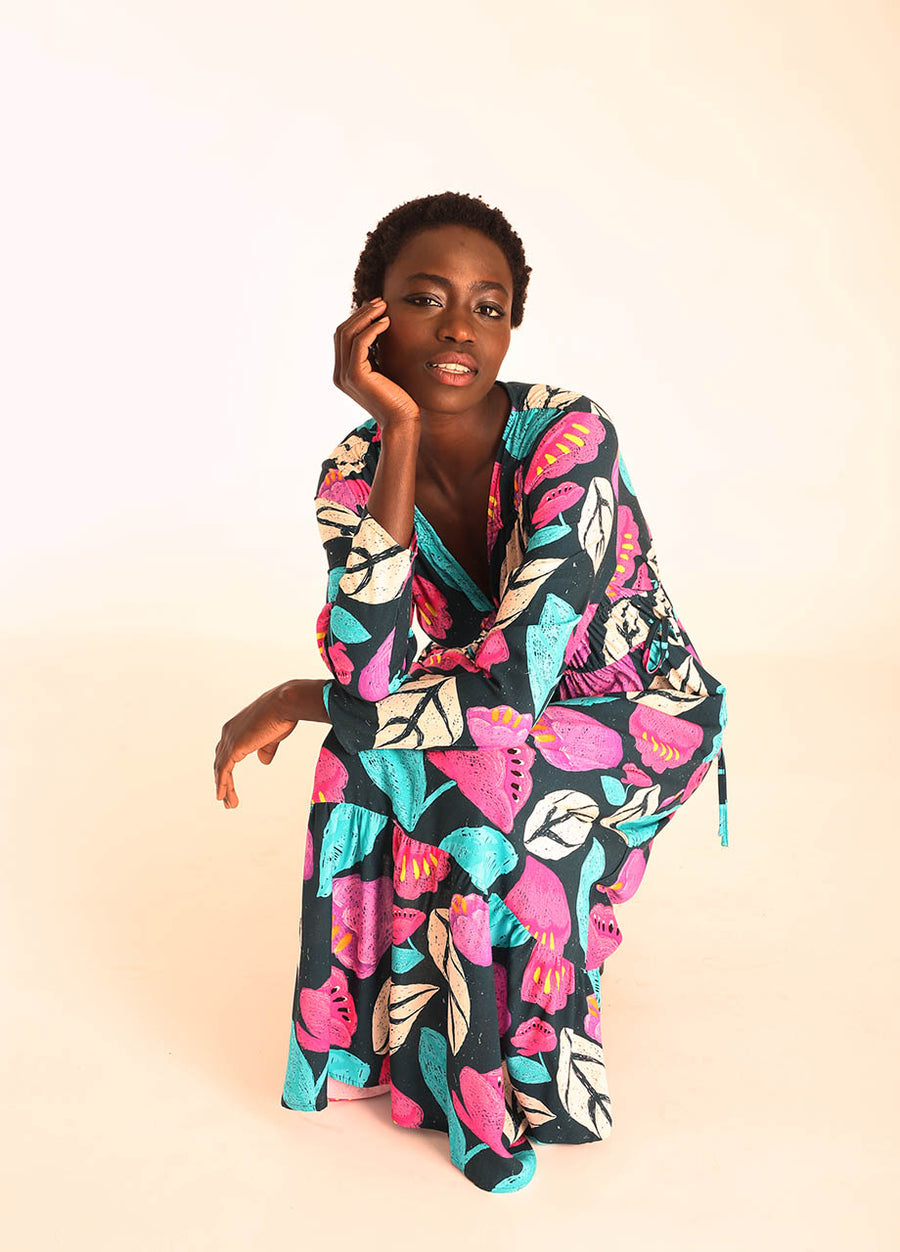 FLORAL V-NECK RUFFLED LONG DRESS