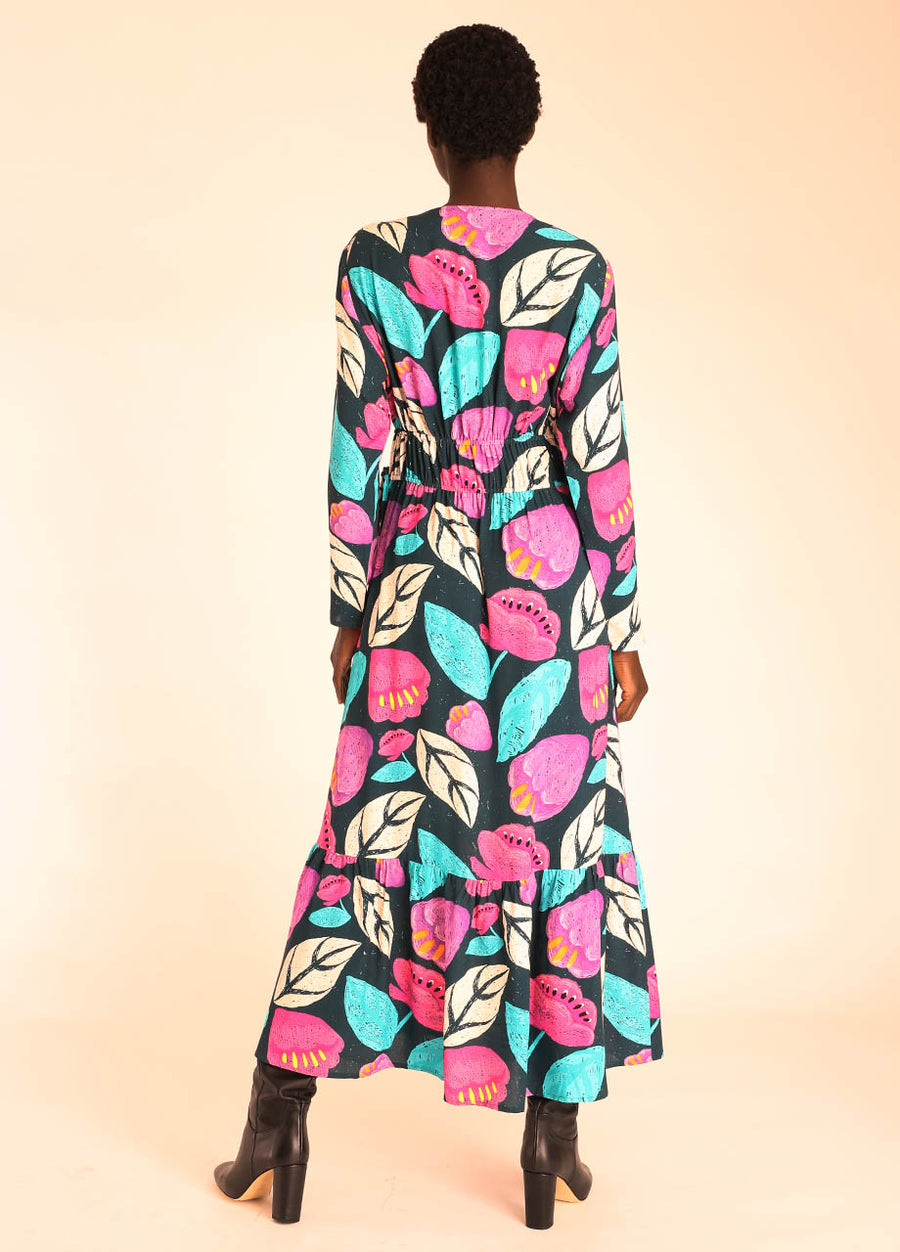 FLORAL V-NECK RUFFLED LONG DRESS