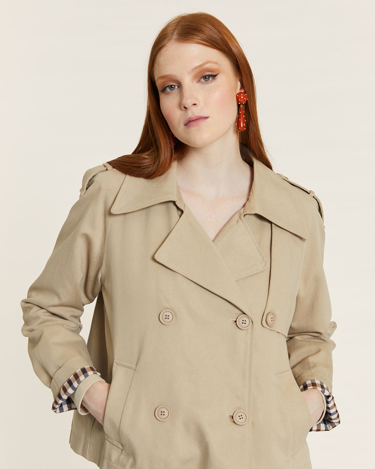SHORT TRENCH COAT WITH BEIGE CHECK LINING – Pepaloves