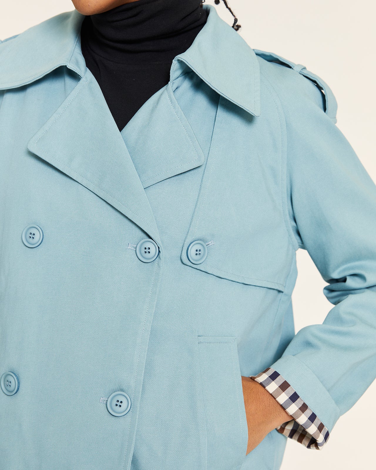 SHORT TRENCH COAT WITH BLUE CHECK LINING – Pepaloves