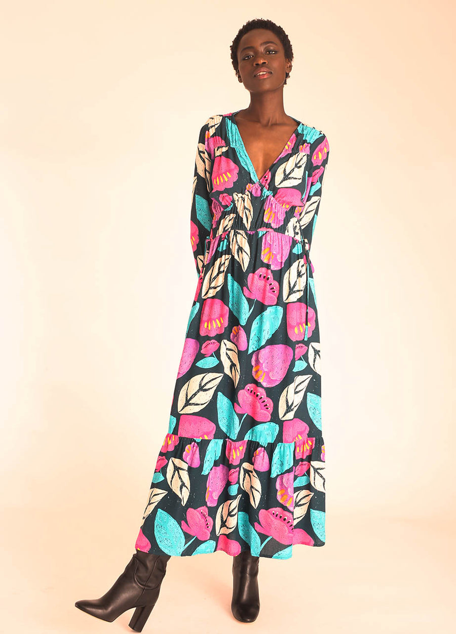 FLORAL V-NECK RUFFLED LONG DRESS