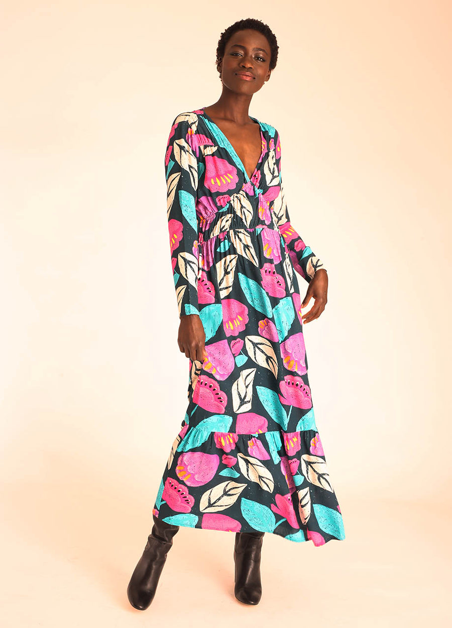 FLORAL V-NECK RUFFLED LONG DRESS