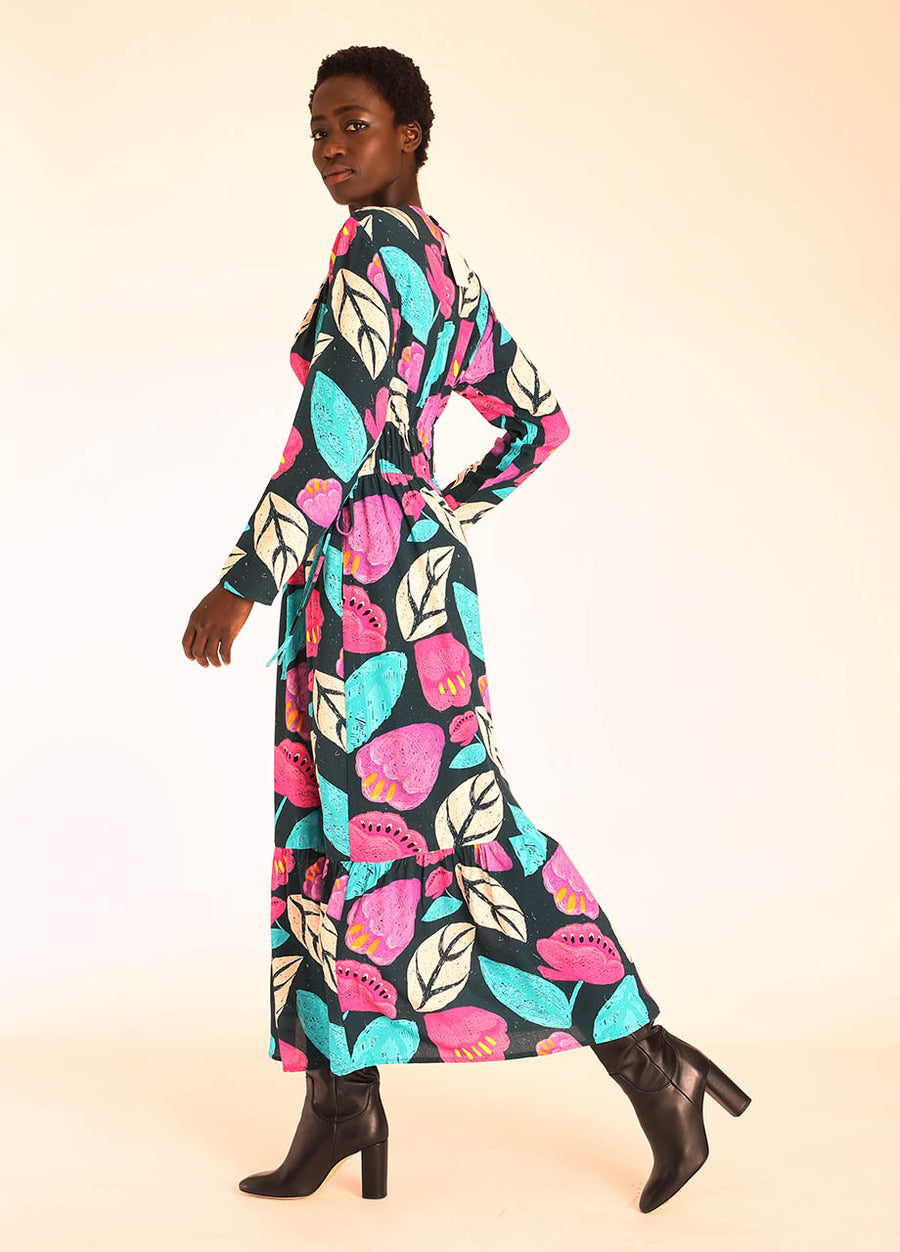 FLORAL V-NECK RUFFLED LONG DRESS