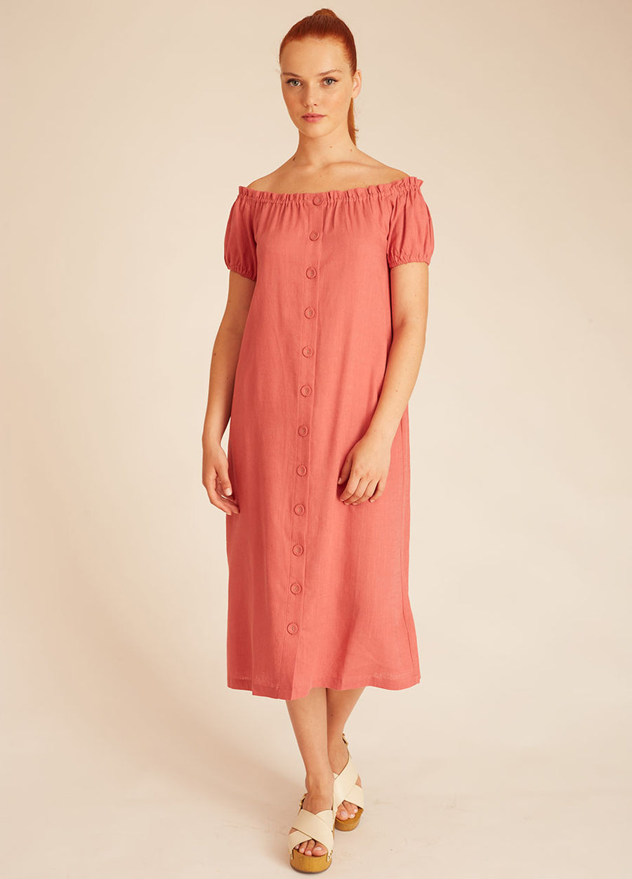 LINEN BARDOT DRESS PINK