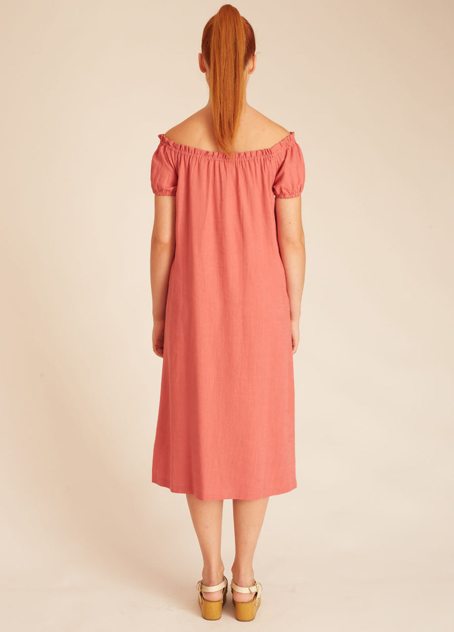 LINEN BARDOT DRESS PINK